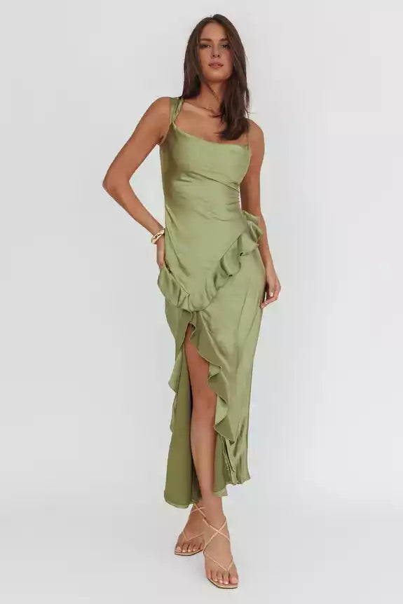 Gorgeous asymmetrical neckline lined with ruffled floral prints and side zippers Bridesmaid Dresses