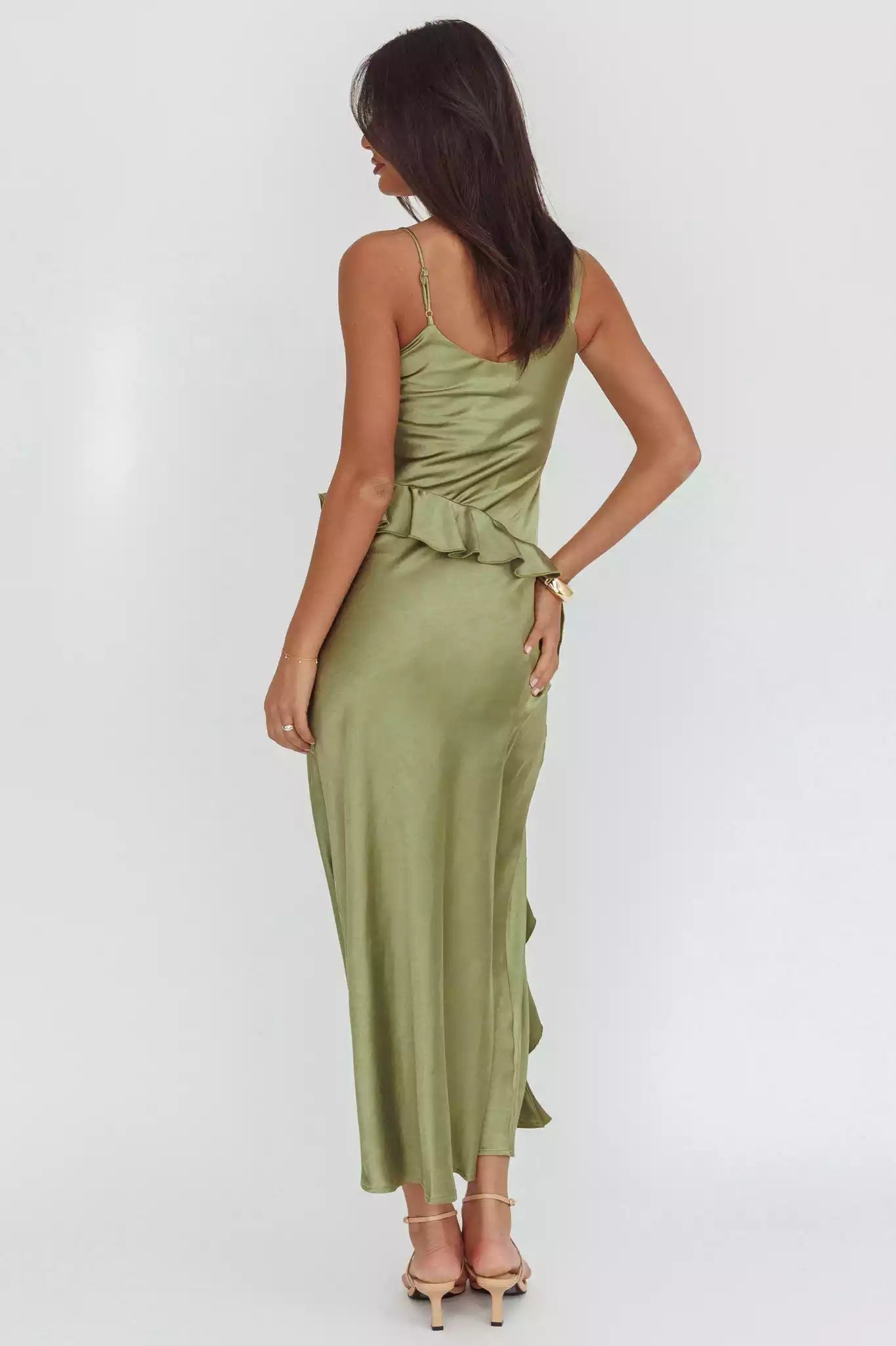 Gorgeous asymmetrical neckline lined with ruffled floral prints and side zippers Bridesmaid Dresses