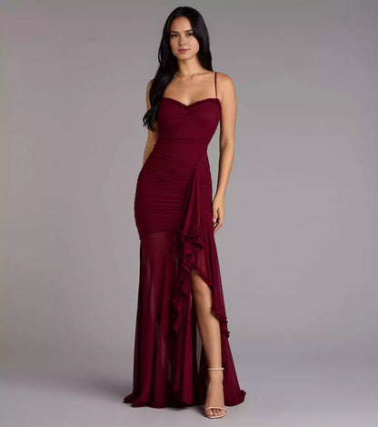 Gorgeous breathable mesh heart-shaped neckline with adjustable thin shoulder straps, high slit front panel, pleated mermaid and floor Prom Dresses