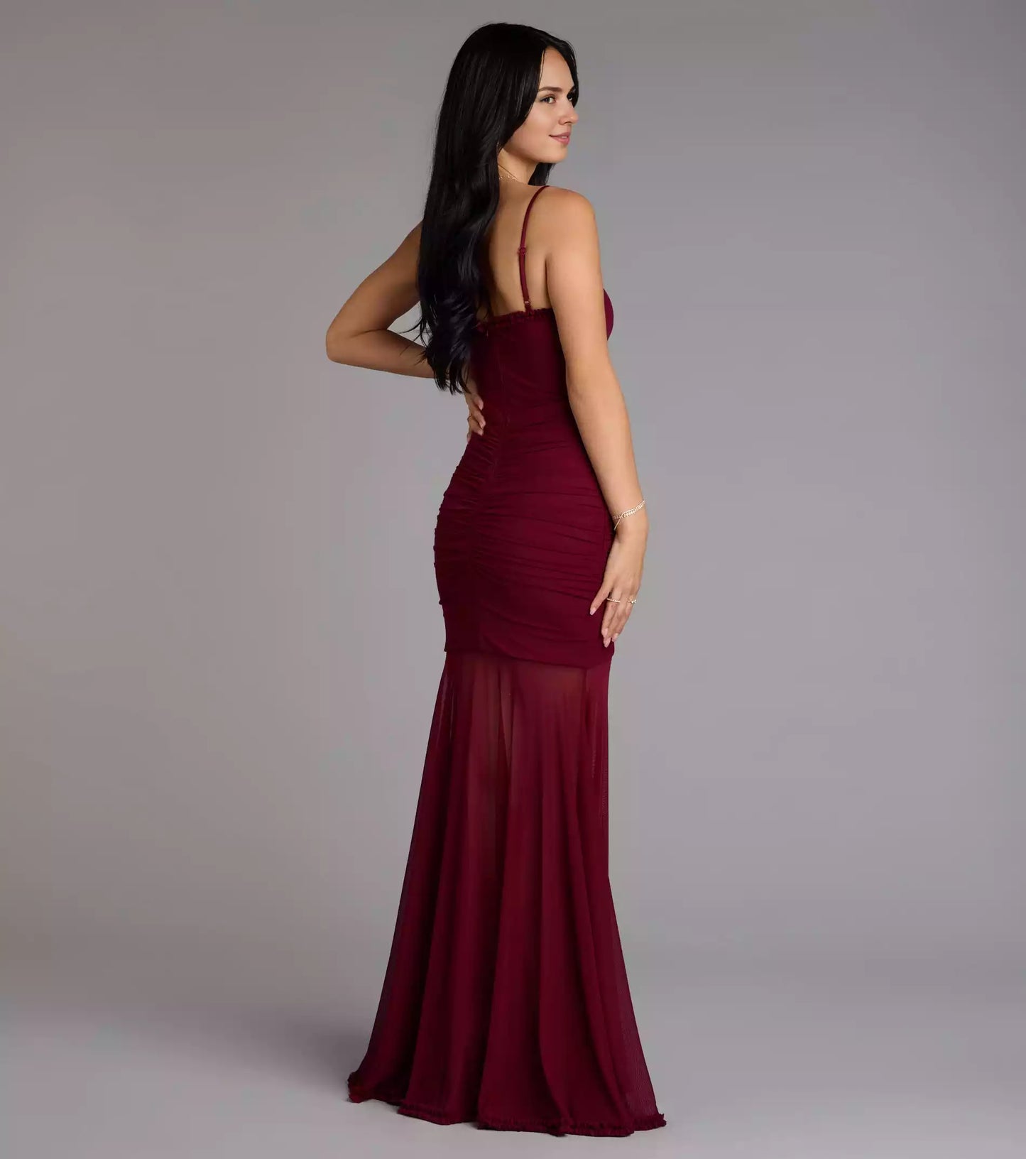 Gorgeous breathable mesh heart-shaped neckline with adjustable thin shoulder straps, high slit front panel, pleated mermaid and floor Prom Dresses