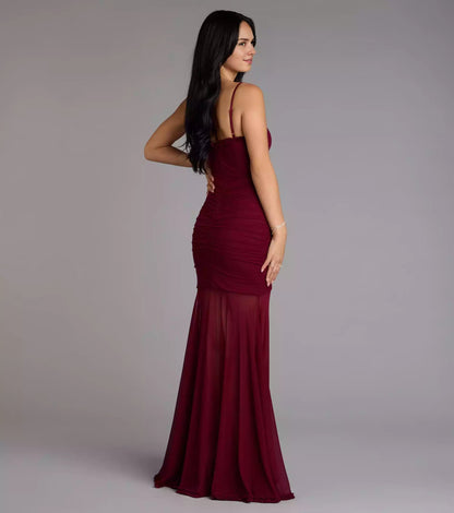 Gorgeous breathable mesh heart-shaped neckline with adjustable thin shoulder straps, high slit front panel, pleated mermaid and floor Prom Dresses