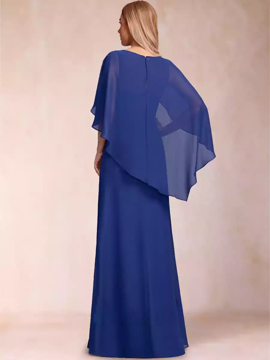 Gorgeous chiffon A-line asymmetrical short sleeved and floor length pleated bead Mother of the Bride Dresses
