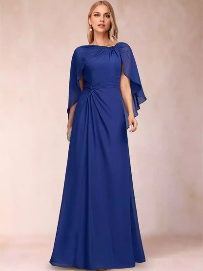 Gorgeous chiffon A-line asymmetrical short sleeved and floor length pleated bead Mother of the Bride Dresses