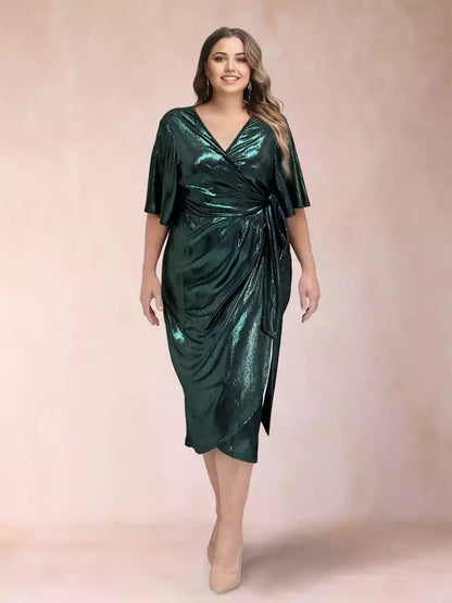 Gorgeous cross V-neck short sleeved pleated glossy slim fit Mother of the Bride Dresses