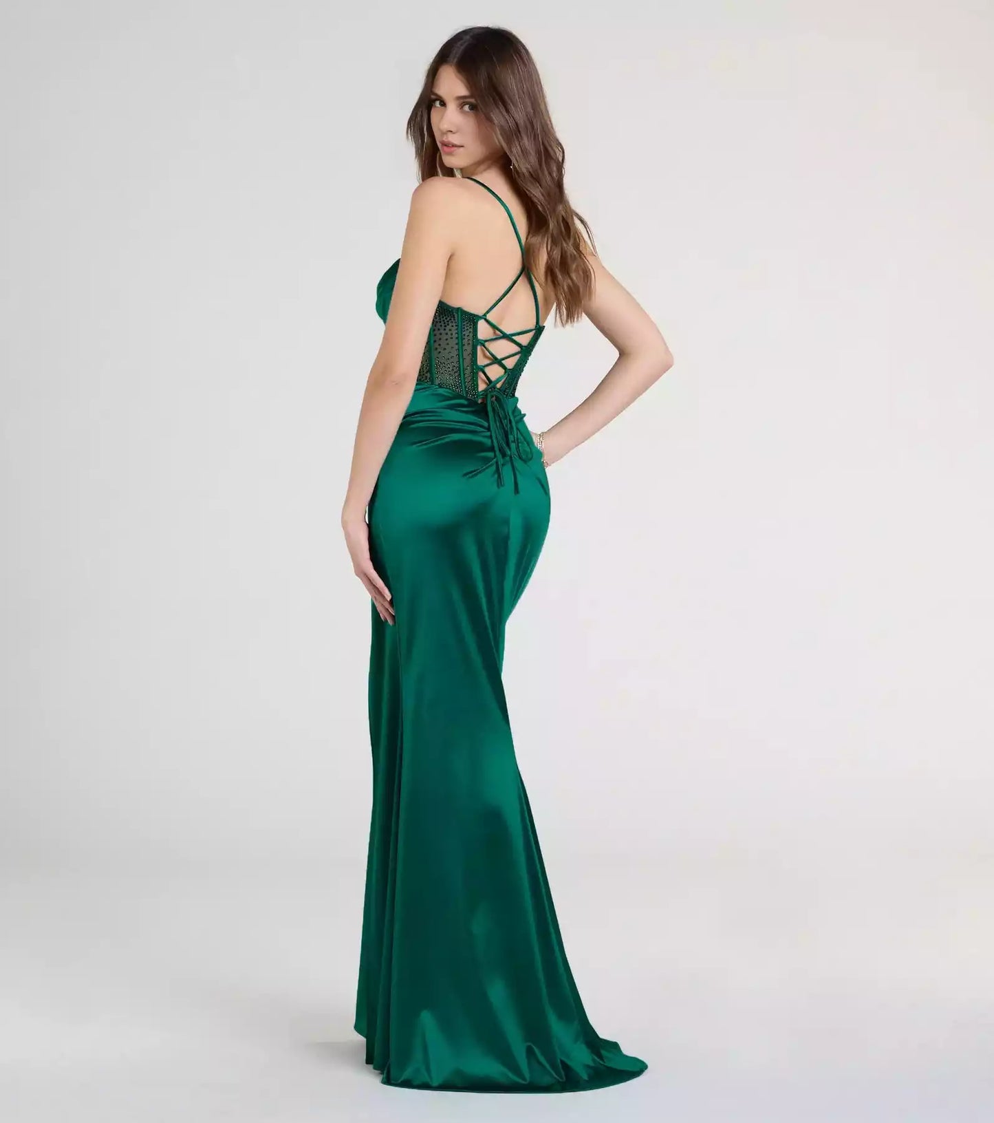 Gorgeous elastic satin with adjustable neckline, thin shoulder straps, transparent mesh, tight fitting corset, slim cut, front high slit Prom Dresses