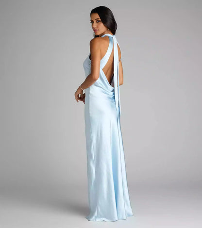 Gorgeous high-quality satin backless neckline, close fitting contour, high slit and floor Bridesmaid Dresses