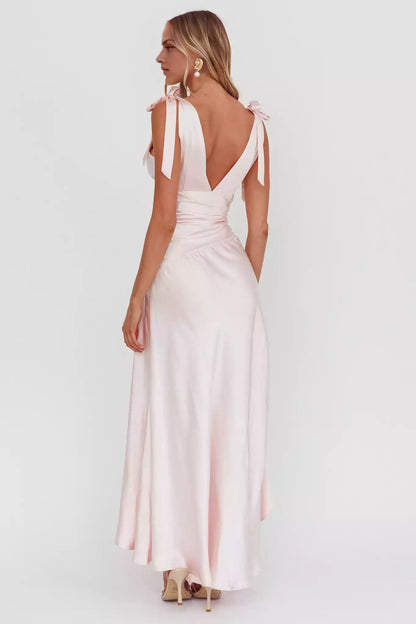Gorgeous high and low hem waist design with side zipper shoulder straps Bridesmaid Dresses