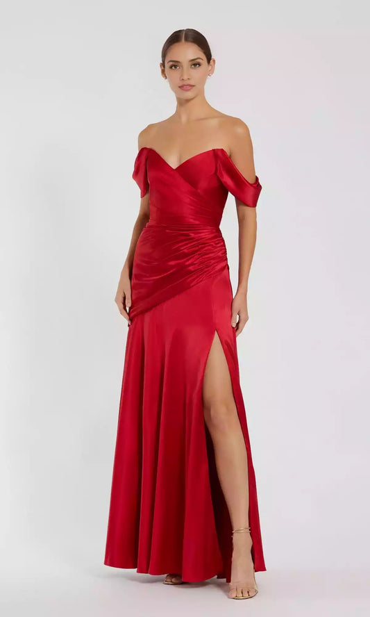 Gorgeous long hard satin off shoulder collar with asymmetrical pleats and slits Prom Dresses