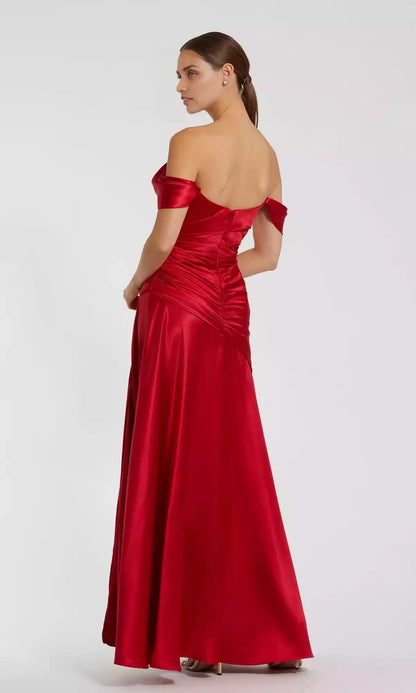 Gorgeous long hard satin off shoulder collar with asymmetrical pleats and slits Prom Dresses