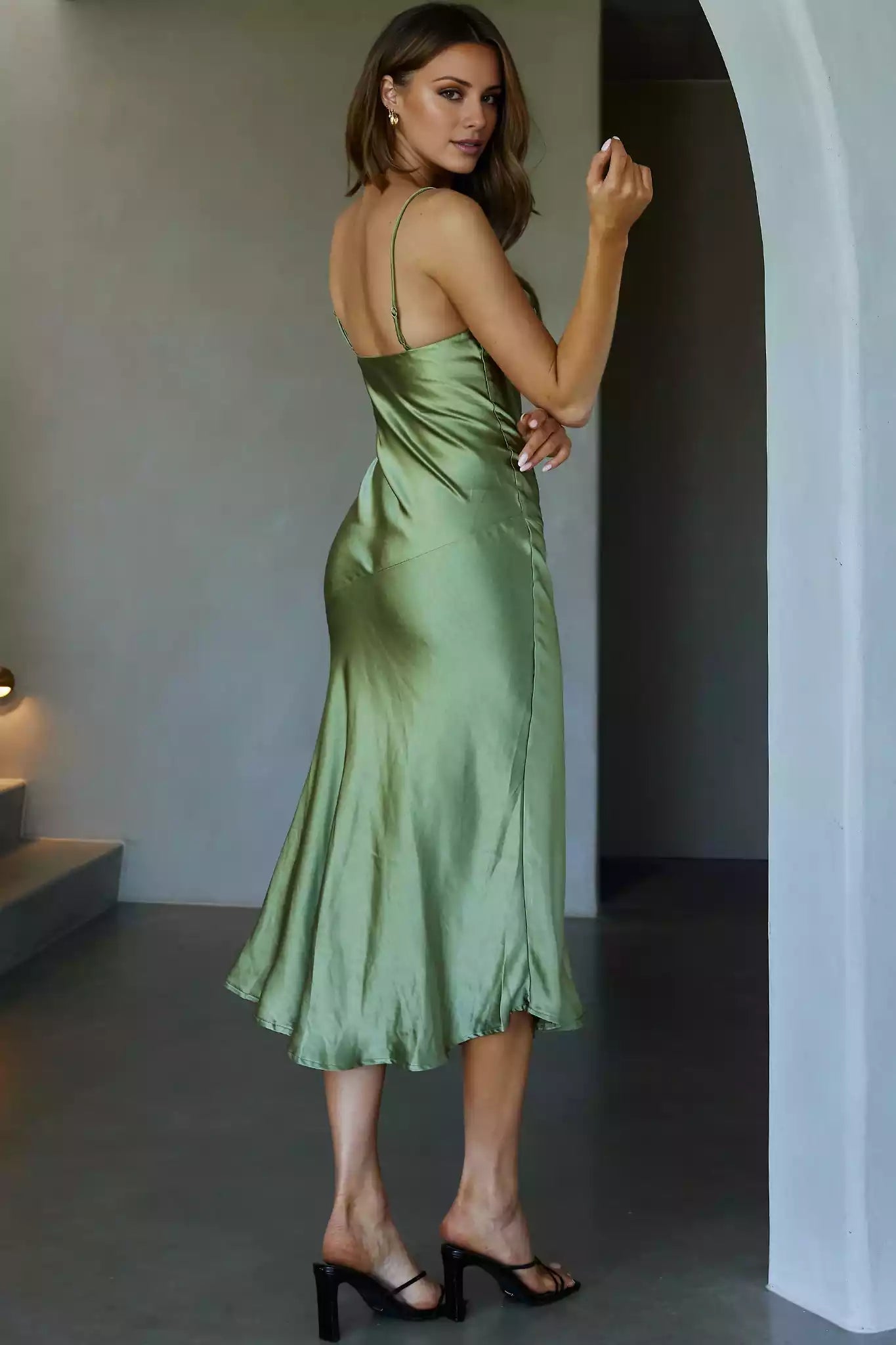 Gorgeous mid length adjustable thin shoulder straps, pleated chest, front slit, back with zipper Bridesmaid Dresses