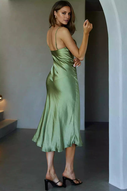 Gorgeous mid length adjustable thin shoulder straps, pleated chest, front slit, back with zipper Bridesmaid Dresses