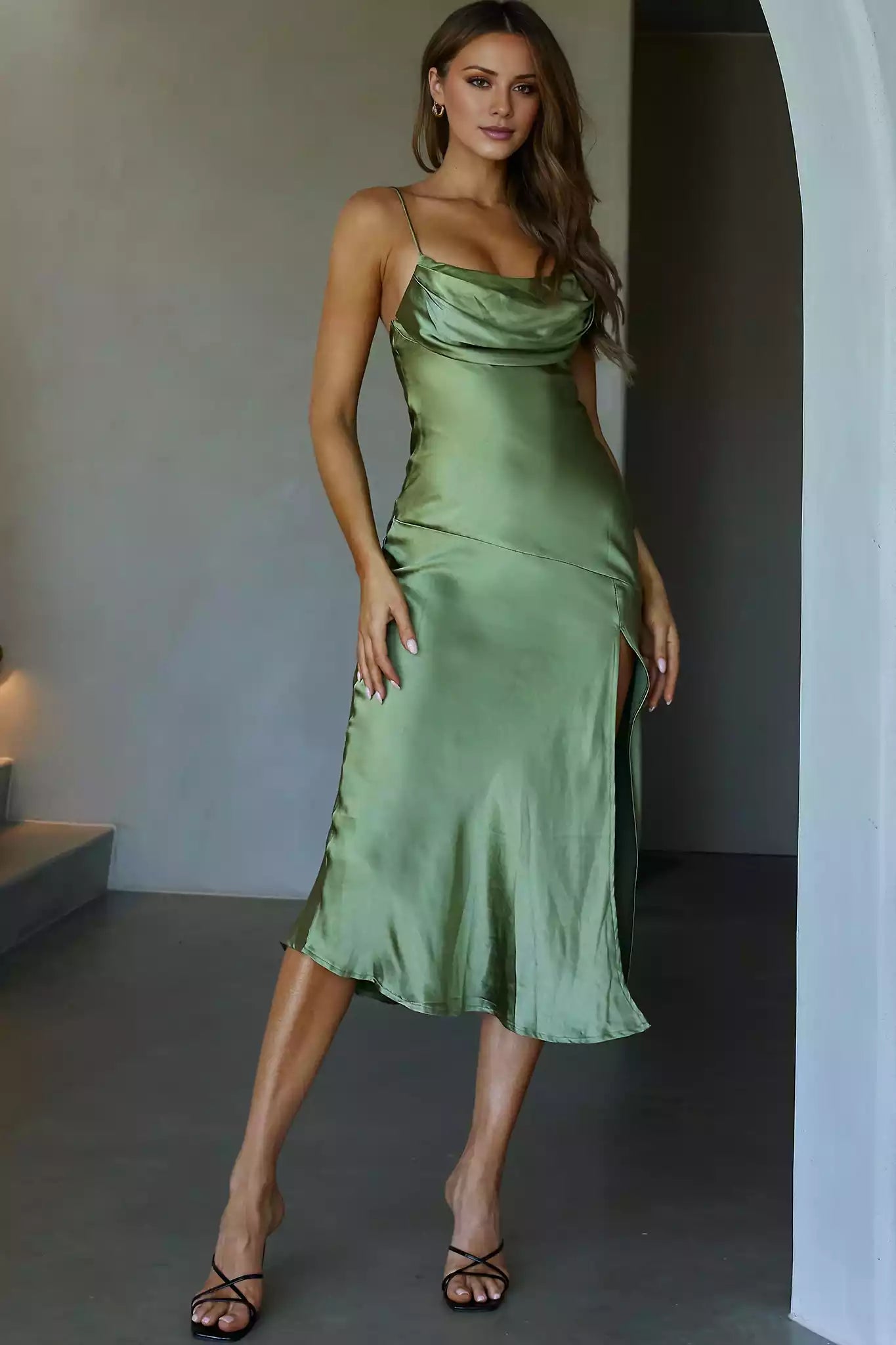 Gorgeous mid length adjustable thin shoulder straps, pleated chest, front slit, back with zipper Bridesmaid Dresses