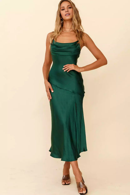 Gorgeous mid length adjustable thin shoulder straps, pleated chest, front slit, back with zipper Bridesmaid Dresses