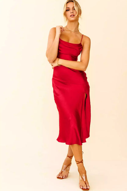 Gorgeous mid length adjustable thin shoulder straps, pleated chest, front slit, back with zipper Bridesmaid Dresses