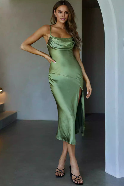 Gorgeous mid length adjustable thin shoulder straps, pleated chest, front slit, back with zipper Bridesmaid Dresses