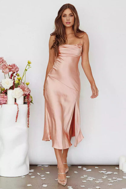 Gorgeous mid length adjustable thin shoulder straps with pleated chest, zippered back Bridesmaid Dresses