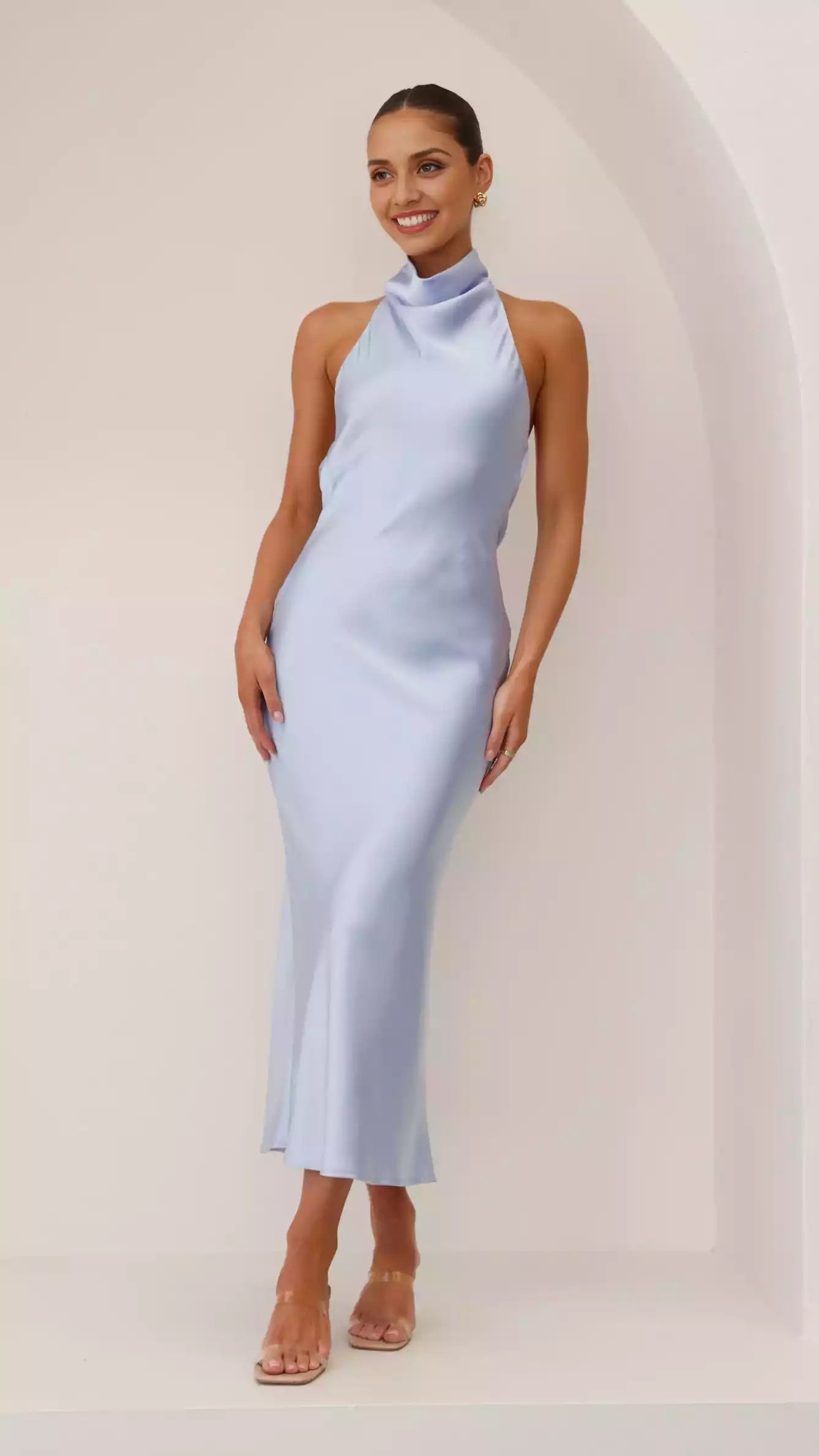 Gorgeous mid length hanging neck button closure high neckline sleeveless back wrapped Prom Dresses