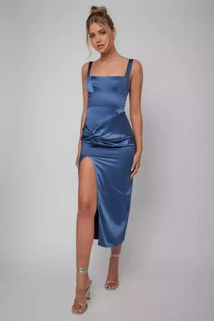 Gorgeous mid length lined square neckline with adjustable shoulder straps, front slit and back with zipper Bridesmaid Dresses