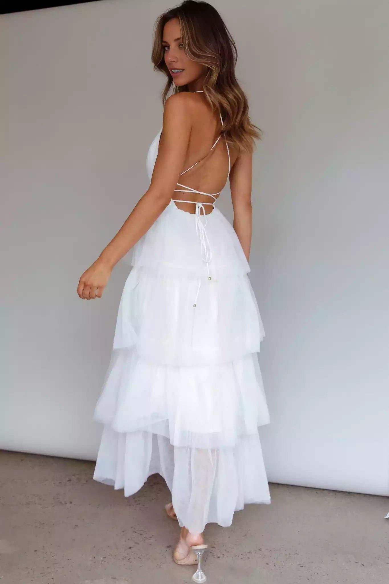 Gorgeous mid length lining, low cut neckline, layered ruffle edge tight corset, back cross, back with zipper Prom Dresses