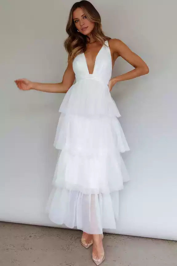 Gorgeous mid length lining, low cut neckline, layered ruffle edge tight corset, back cross, back with zipper Prom Dresses