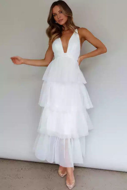 Gorgeous mid length lining, low cut neckline, layered ruffle edge tight corset, back cross, back with zipper Prom Dresses