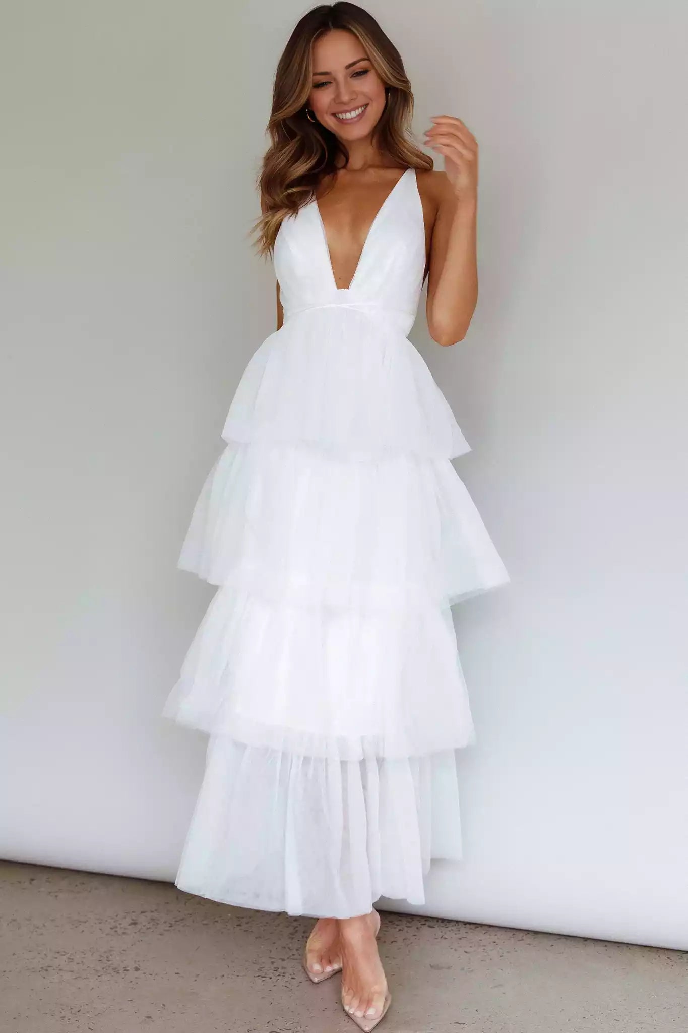 Gorgeous mid length lining, low cut neckline, layered ruffle edge tight corset, back cross, back with zipper Prom Dresses