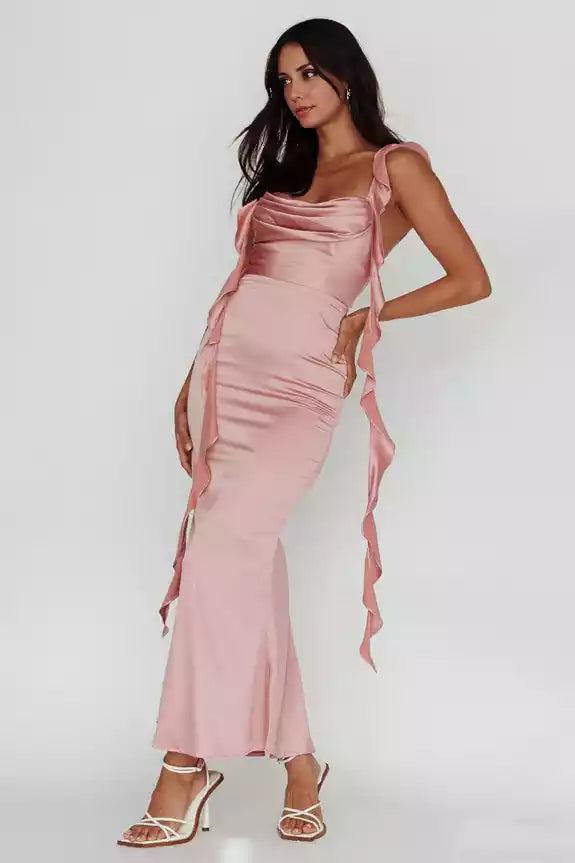 Gorgeous mid length lining with adjustable ruffle edge shoulder straps and pleated details, featuring zippered back Prom Dresses