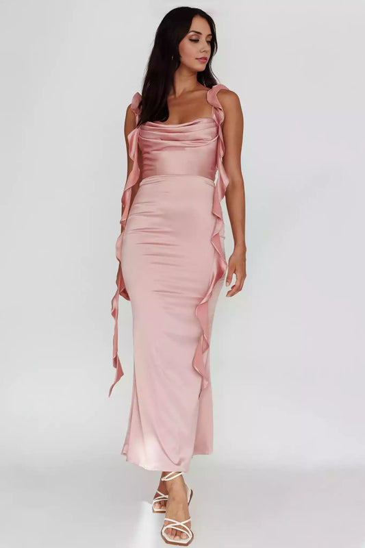 Gorgeous mid length lining with adjustable ruffle edge shoulder straps and pleated details, featuring zippered back Prom Dresses