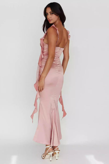 Gorgeous mid length lining with adjustable ruffle edge shoulder straps and pleated details, featuring zippered back Prom Dresses