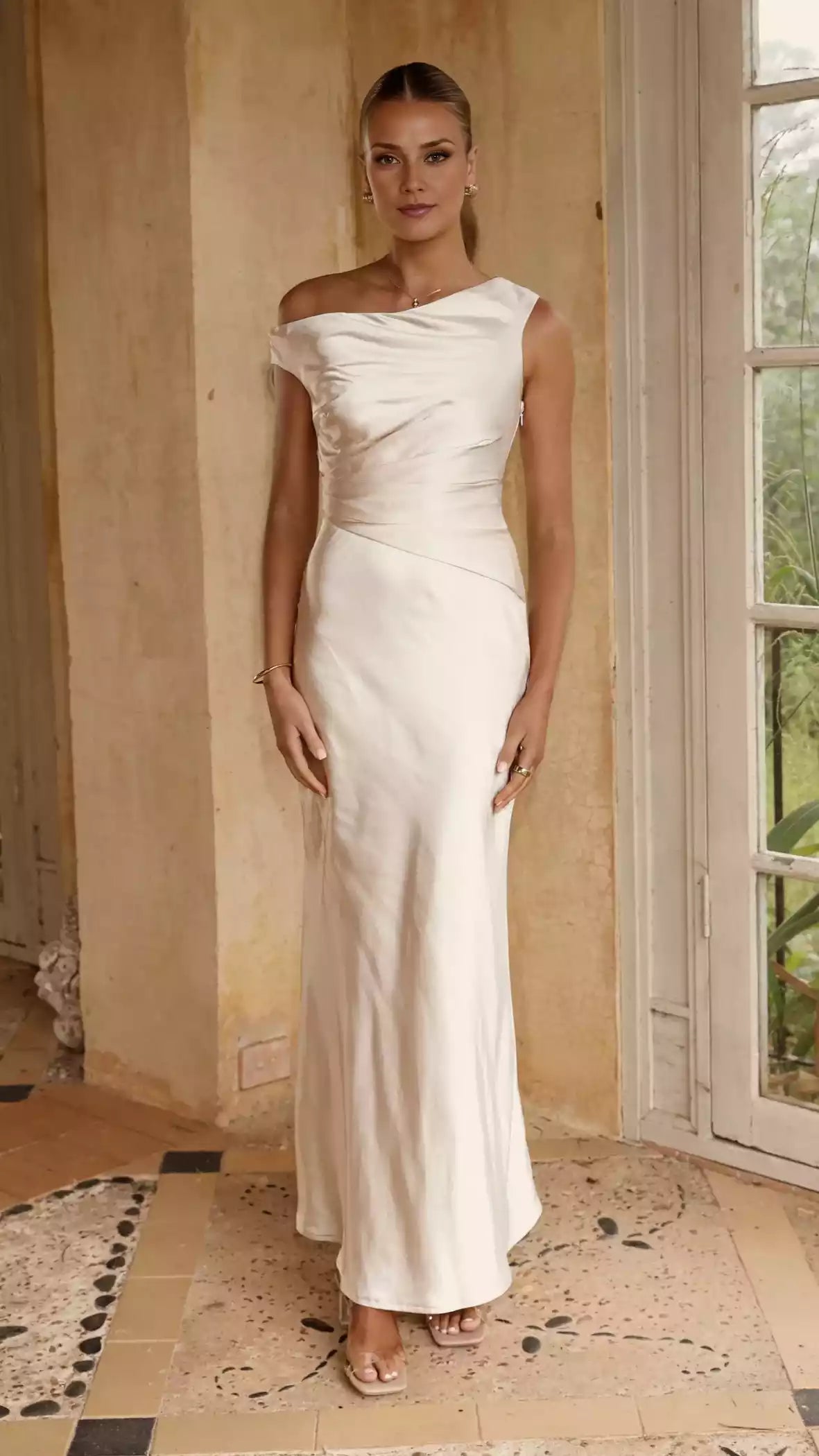 Gorgeous off shoulder invisible side zipper with side details lined sleeveless Prom Dresses