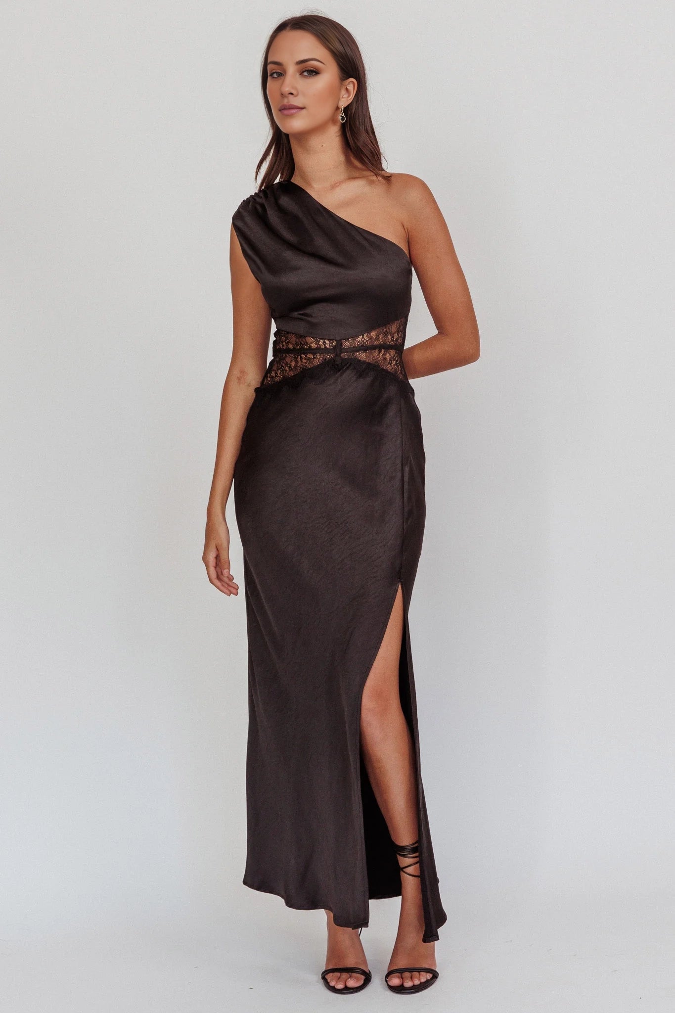 Gorgeous one shoulder extra long shoulder pleat adjustable thin shoulder strap lace waist belt with side leg slits bridesmaid dress