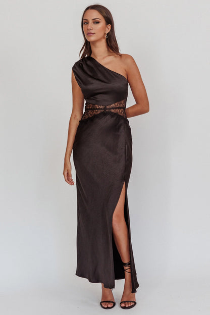 Gorgeous one shoulder extra long shoulder pleat adjustable thin shoulder strap lace waist belt with side leg slits bridesmaid dress