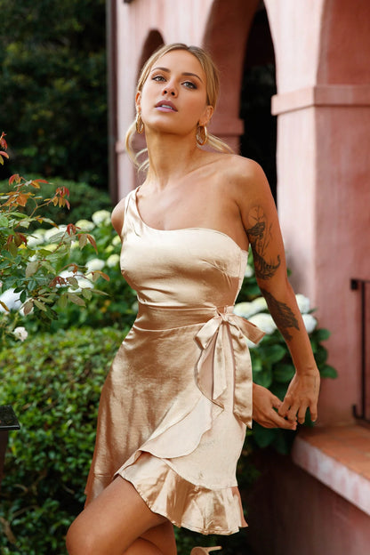 Gorgeous one shoulder partially lined imitation wrap skirt with side waist straps and ruffled hem Homecoming Dresses