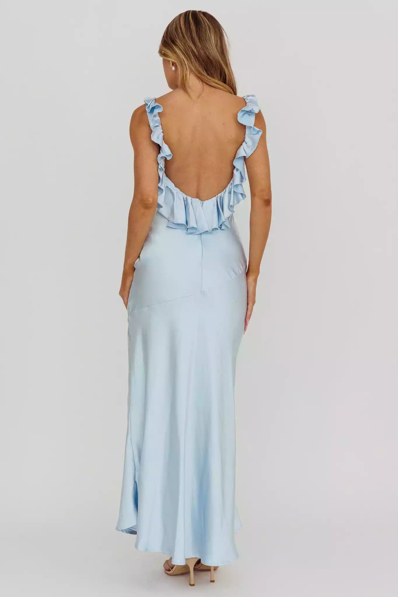 Gorgeous padding with ruffled edges, front slit, exposed back, invisible back zipper, Prom Dresses