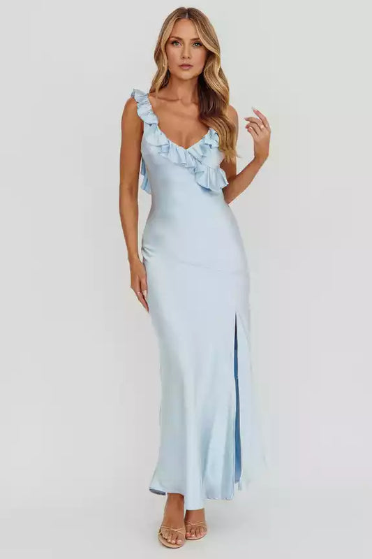 Gorgeous padding with ruffled edges, front slit, exposed back, invisible back zipper, Prom Dresses