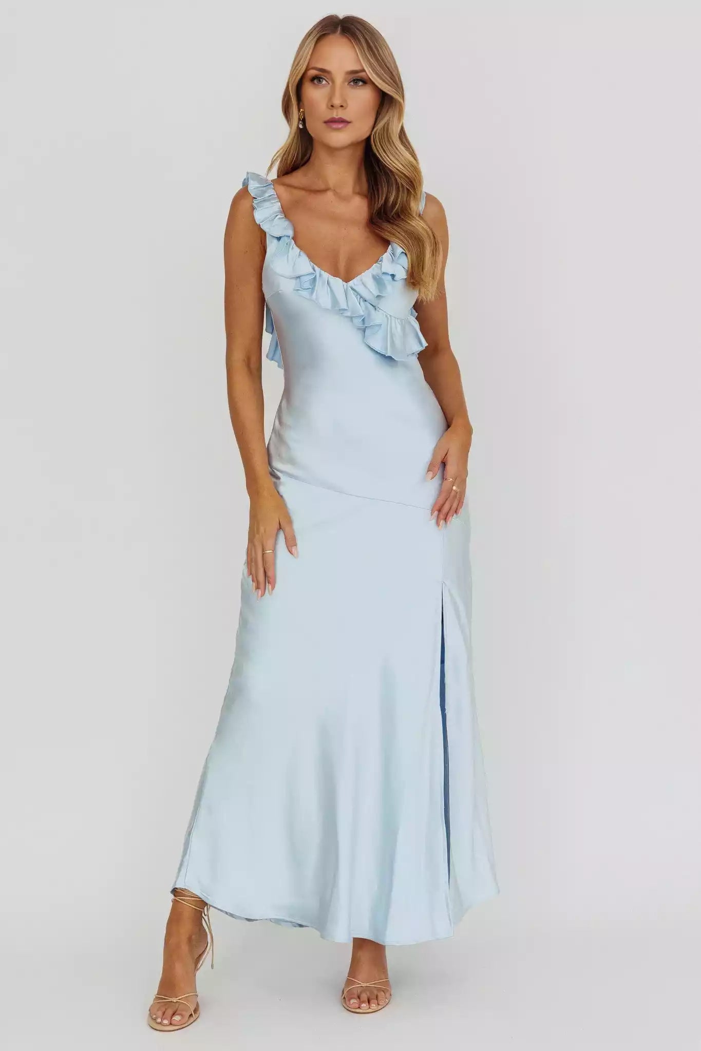 Gorgeous padding with ruffled edges, front slit, exposed back, invisible back zipper, Prom Dresses