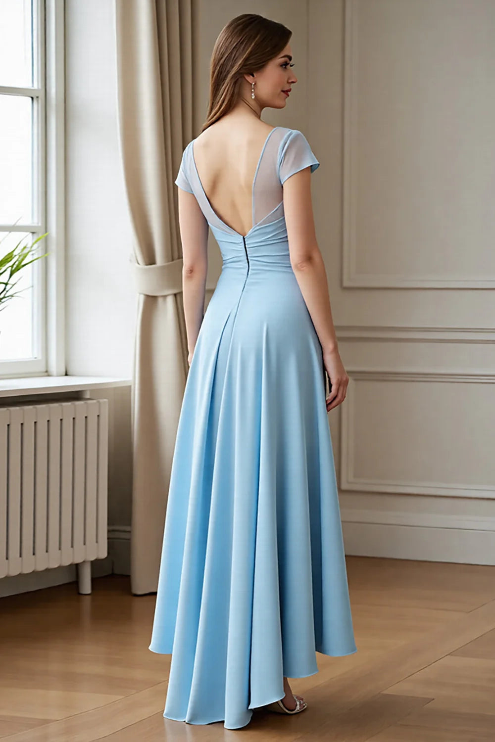 Gorgeous pleated A-line asymmetrical decal waist slimming bridal mother dress