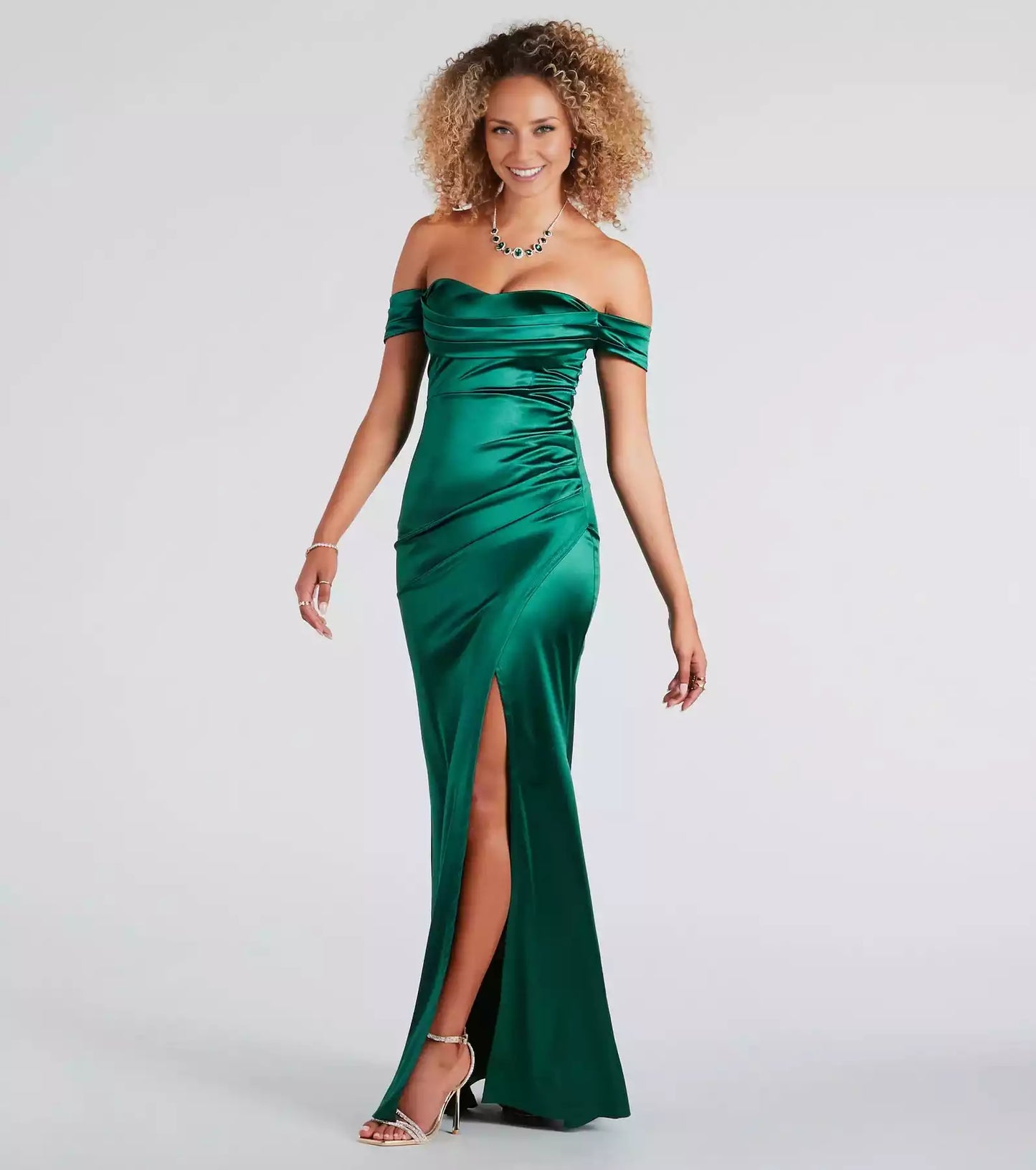Gorgeous pleated off shoulder collar, back zipper, side pleats, mermaid high slit, wrap and floor Prom Dresses