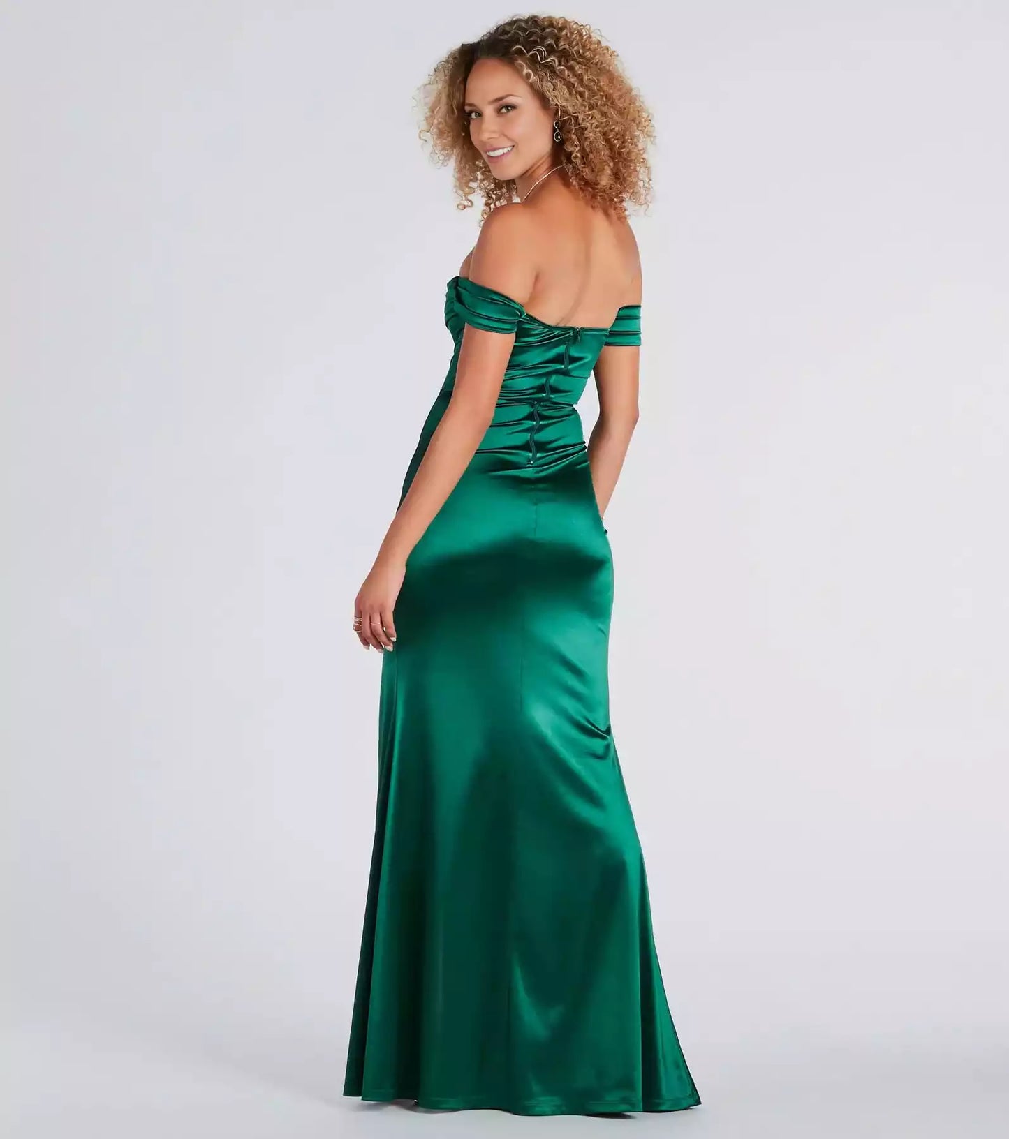Gorgeous pleated off shoulder collar, back zipper, side pleats, mermaid high slit, wrap and floor Prom Dresses