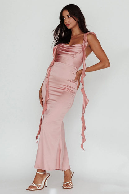 Gorgeous ruffled edges, chest pleat details, back zipper bridesmaid dress