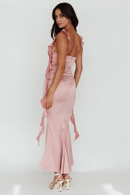 Gorgeous ruffled edges, chest pleat details, back zipper bridesmaid dress