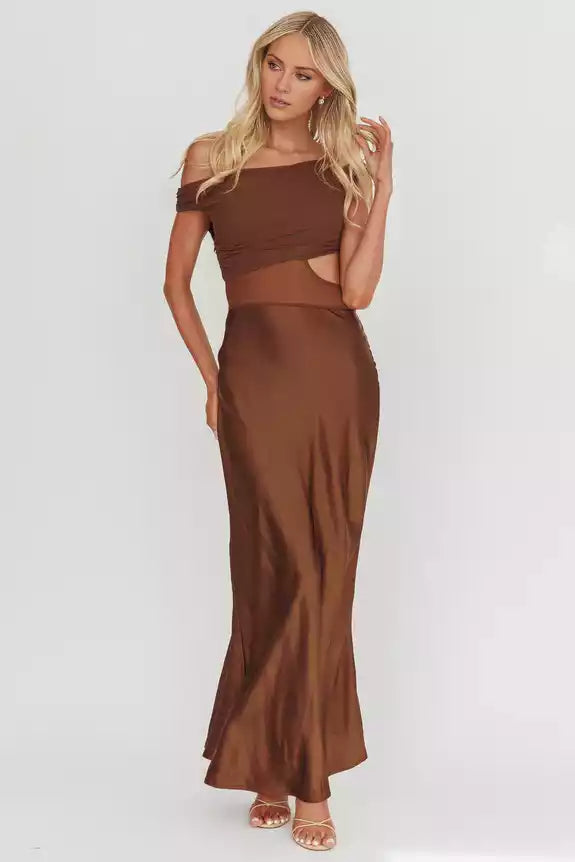 Gorgeous satin asymmetrical neckline, mesh hollow tight corset, oblique cut satin side zipper, Bridesmaid Dresses