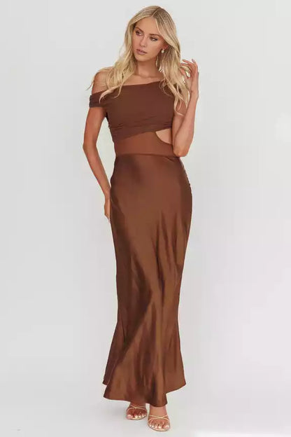 Gorgeous satin asymmetrical neckline, mesh hollow tight corset, oblique cut satin side zipper, Bridesmaid Dresses