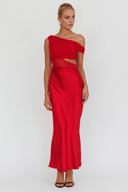 Gorgeous satin asymmetrical neckline oblique cut satin hollow tight corset bridesmaid dress