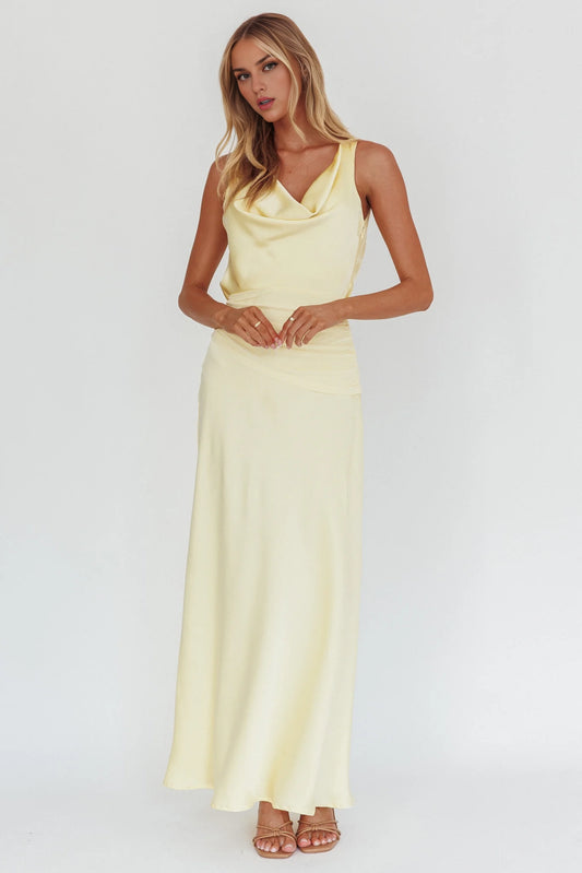 Gorgeous satin backless scarf collar backless lace up mesh details bridesmaid dress