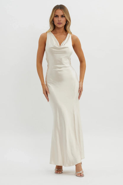 Gorgeous satin bib with adjustable shoulder straps, floral decals, high slit bridesmaid dress