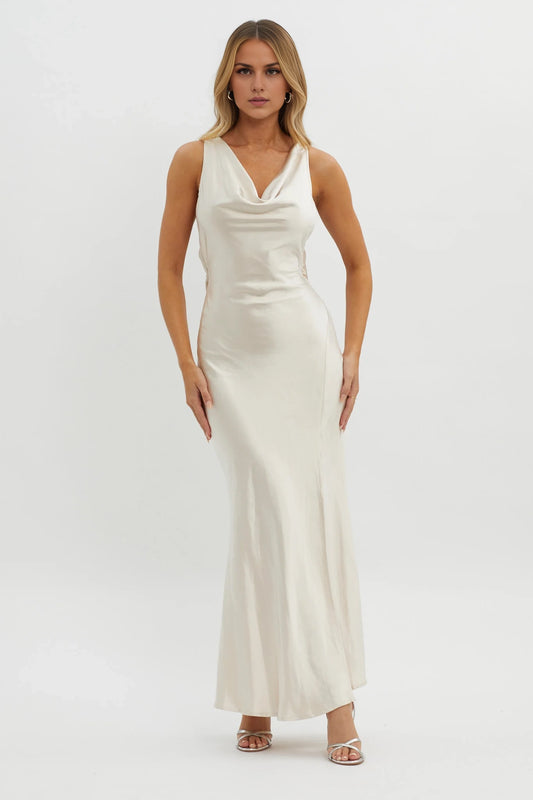 Gorgeous satin bib with adjustable shoulder straps, floral decals, high slit bridesmaid dress