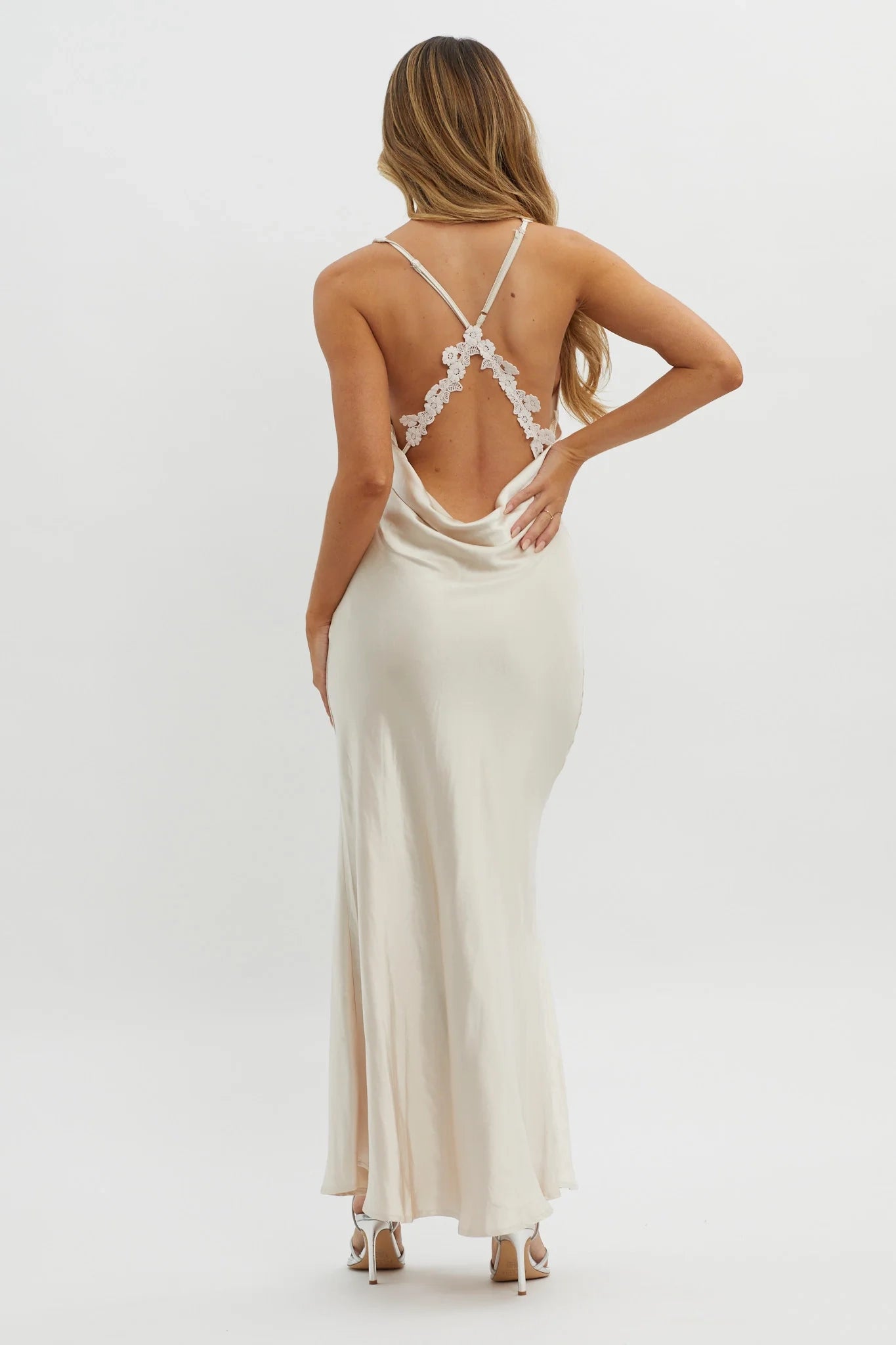 Gorgeous satin bib with adjustable shoulder straps, floral decals, high slit bridesmaid dress