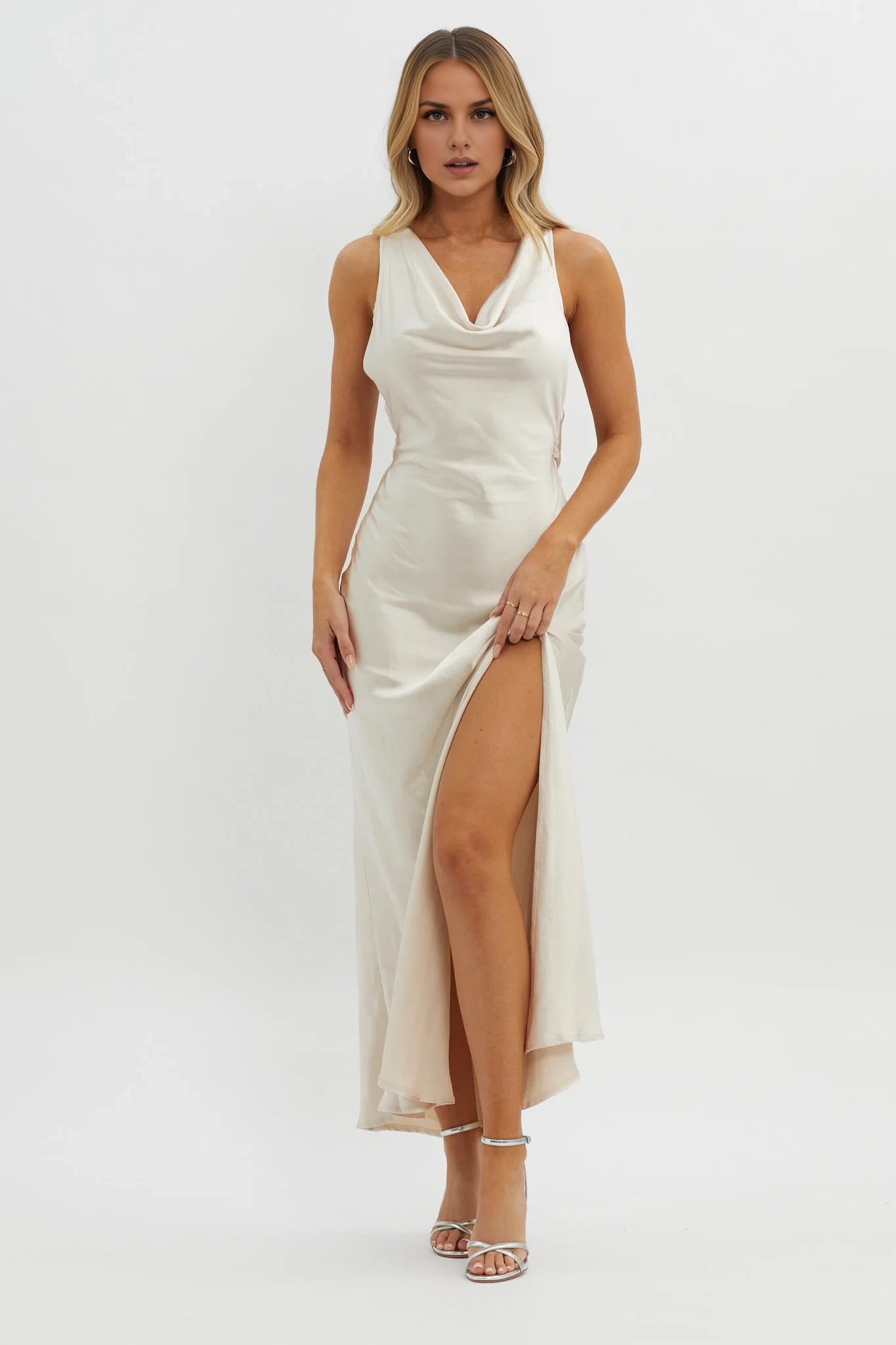 Gorgeous satin bib with adjustable shoulder straps, floral decals, high slit bridesmaid dress