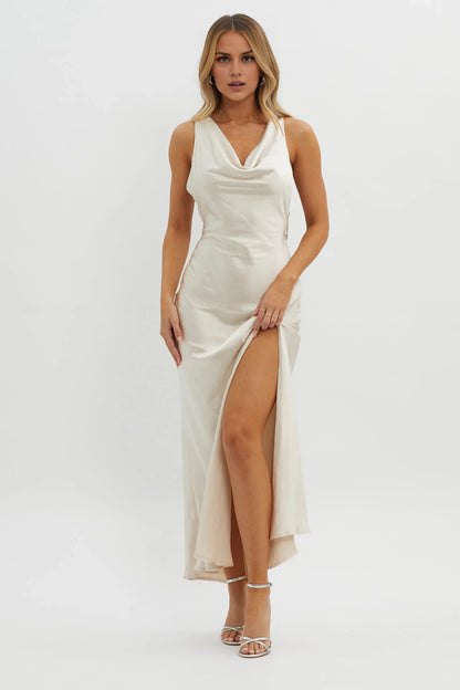 Gorgeous satin bib with adjustable shoulder straps, floral decals, high slit bridesmaid dress